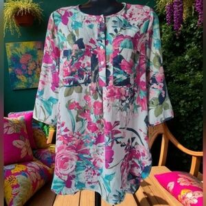 Fig And Flower Anthropologie Floral Women's Henley Tunic Top - Size L